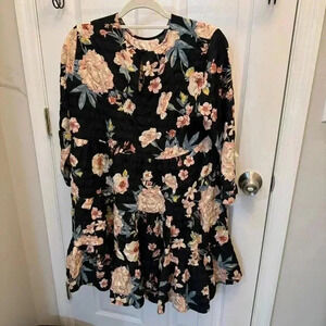Zara The Sharon babydoll tiered black floral dress , mini 3/4 sleeve